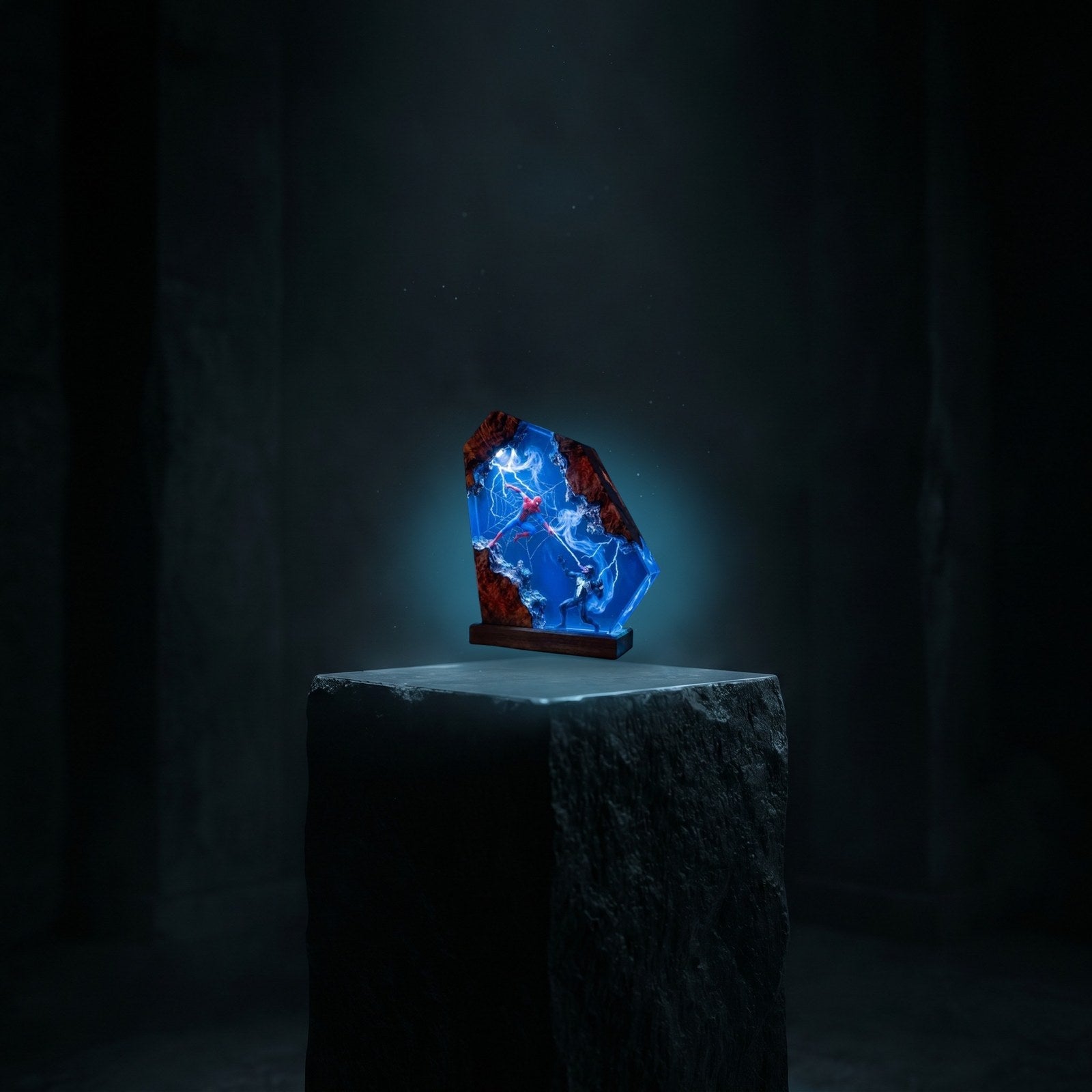 Resylume Portal Duel resin lamp displayed on a stone pedestal