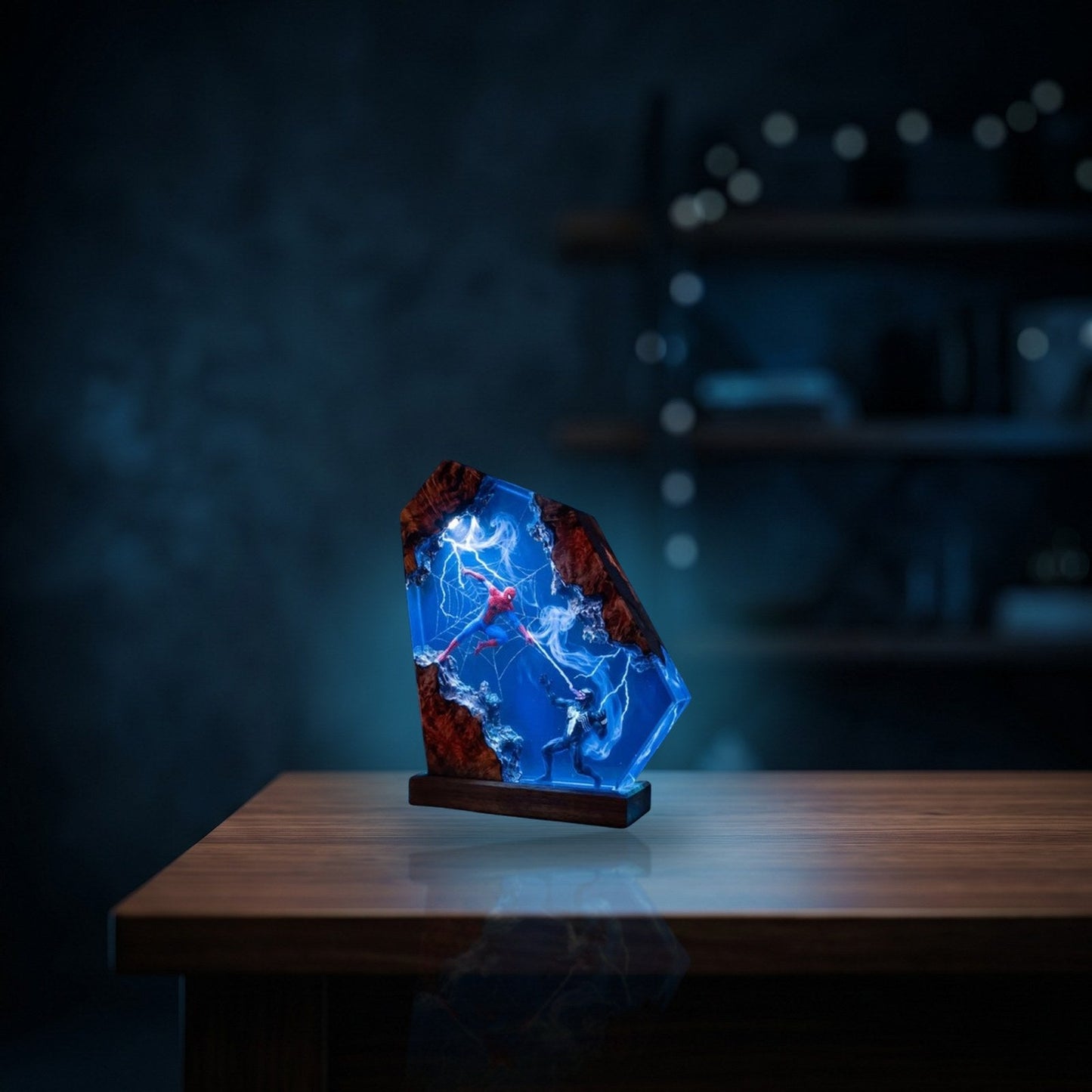 Resylume Portal Duel resin lamp glowing on a living room table